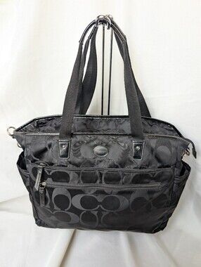 Coach Black Signature Weekender / Diaper Nylon Bag Tote Bag F77577